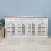 Handmade Indian Furniture Solid Hard Wood Carved 8Doors and 4 Drawers Sideboard White